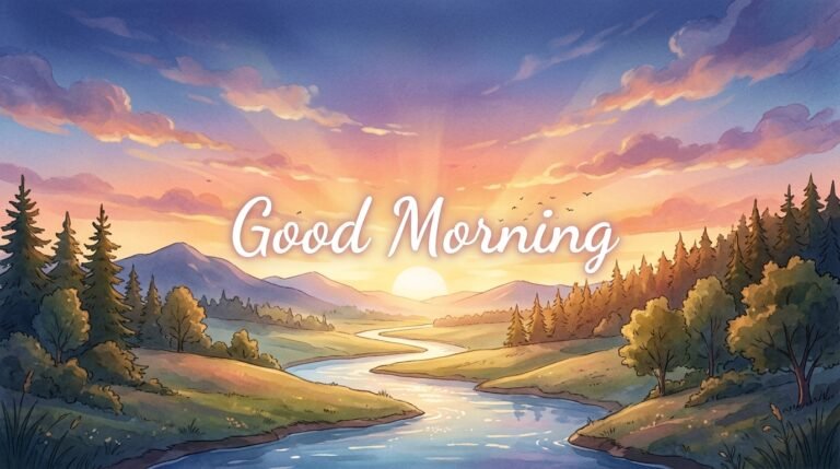 Peaceful morning sunrise over a calm lake symbolizing a fresh start and new beginnings for good morning blessings
