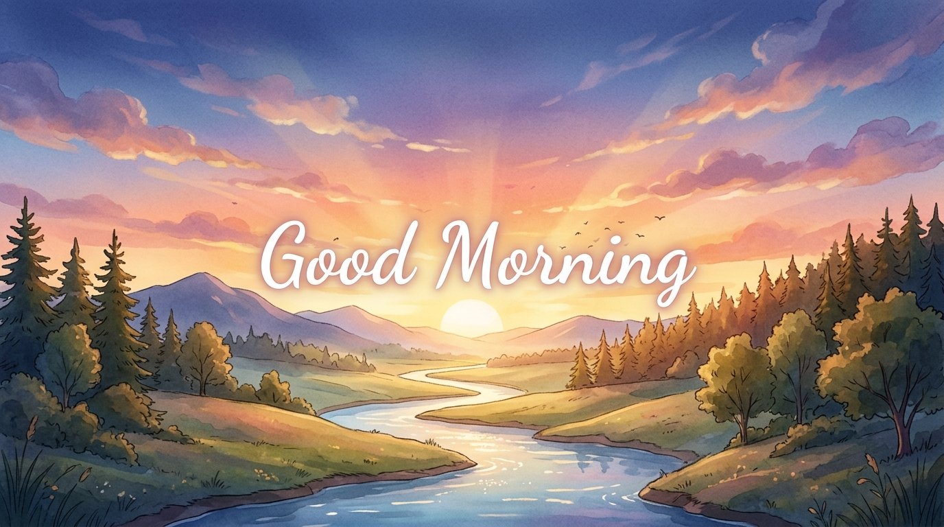 Peaceful morning sunrise over a calm lake symbolizing a fresh start and new beginnings for good morning blessings