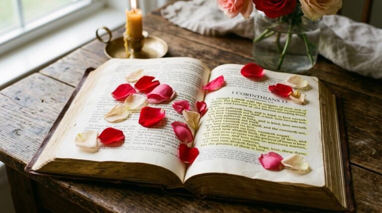 Couple holding hands with Bible and candlelight representing Christian Valentine blessings and prayer.