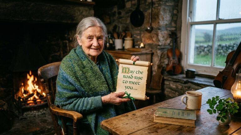 Irish wishes and traditional blessing with green shamrocks and peaceful Irish countryside