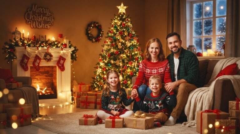Merry Christmas wishes with a beautifully decorated Christmas tree, glowing lights, festive ornaments, Christmas blessings, and holiday greetings