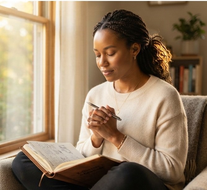 Hands holding a white mug with the text New Week New Blessings in a cozy morning setting.