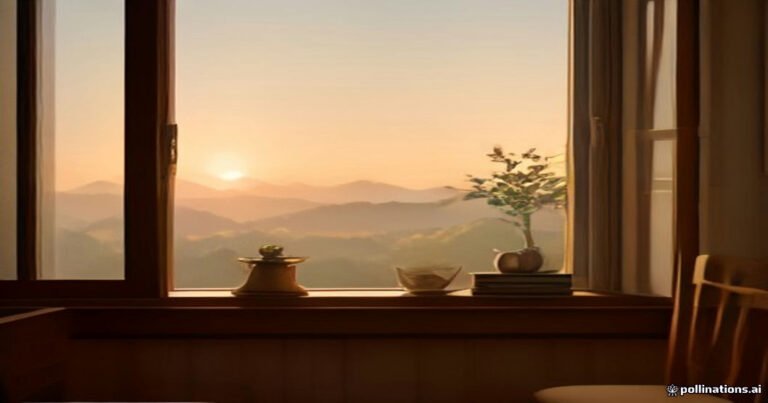 Monday blessings for stressed people — golden sunrise light over a calm window scene with a book and tea, a peaceful hopeful start to the week