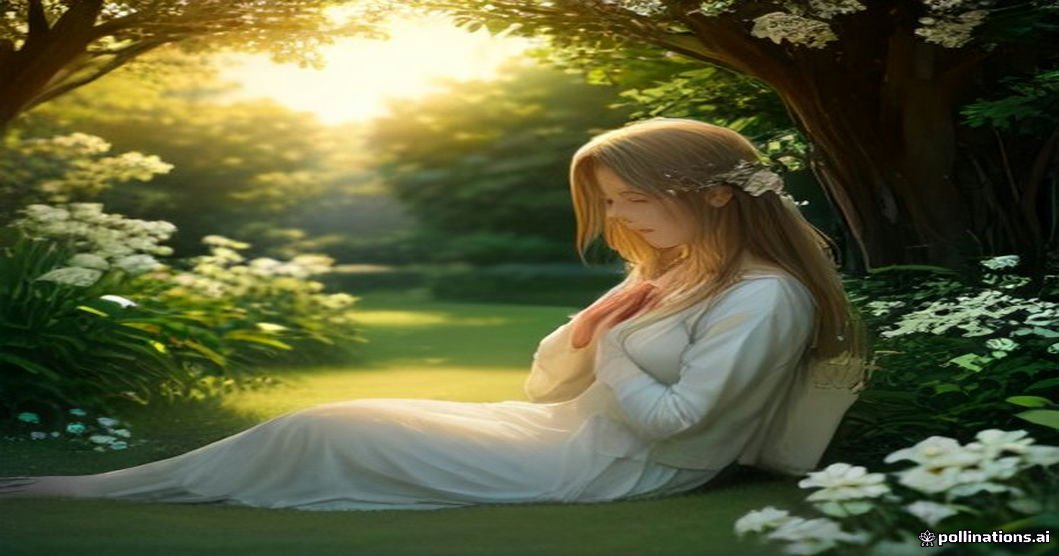 Friday blessings for healing and peace — a woman resting in quiet prayer in a sunlit garden with white flowers at golden sunrise