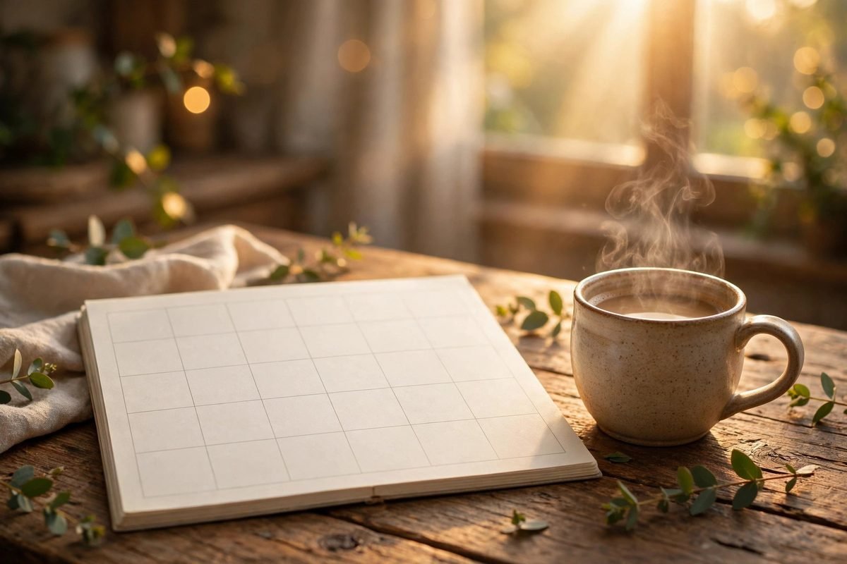 Open calendar to a new month beside coffee at sunrise — first monday of the month blessings