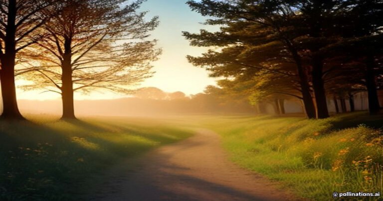 Good morning Monday blessings — golden sunrise over a peaceful countryside path with warm light through the trees, an uplifting start to a wonderful week