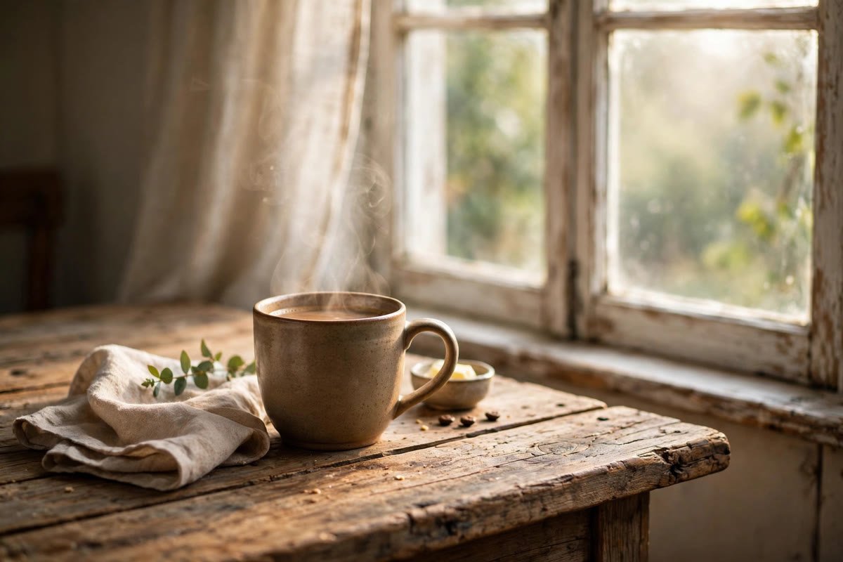 Steaming cup of coffee by a bright window, a quiet Monday morning blessing