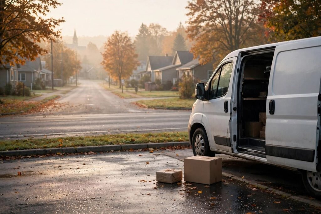delivery van at dawn on a quiet street — monday blessings for drivers and delivery workers