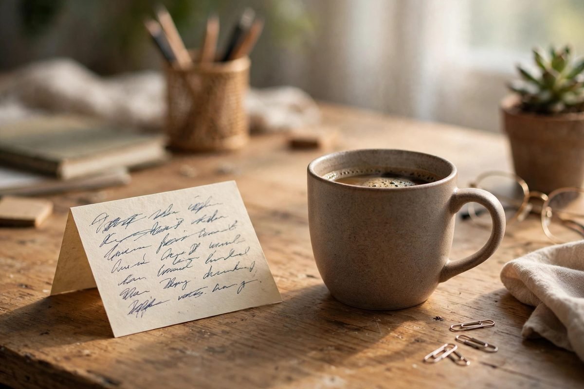 A handwritten Monday note and a mug of coffee left on a coworker's desk — monday blessings for coworkers