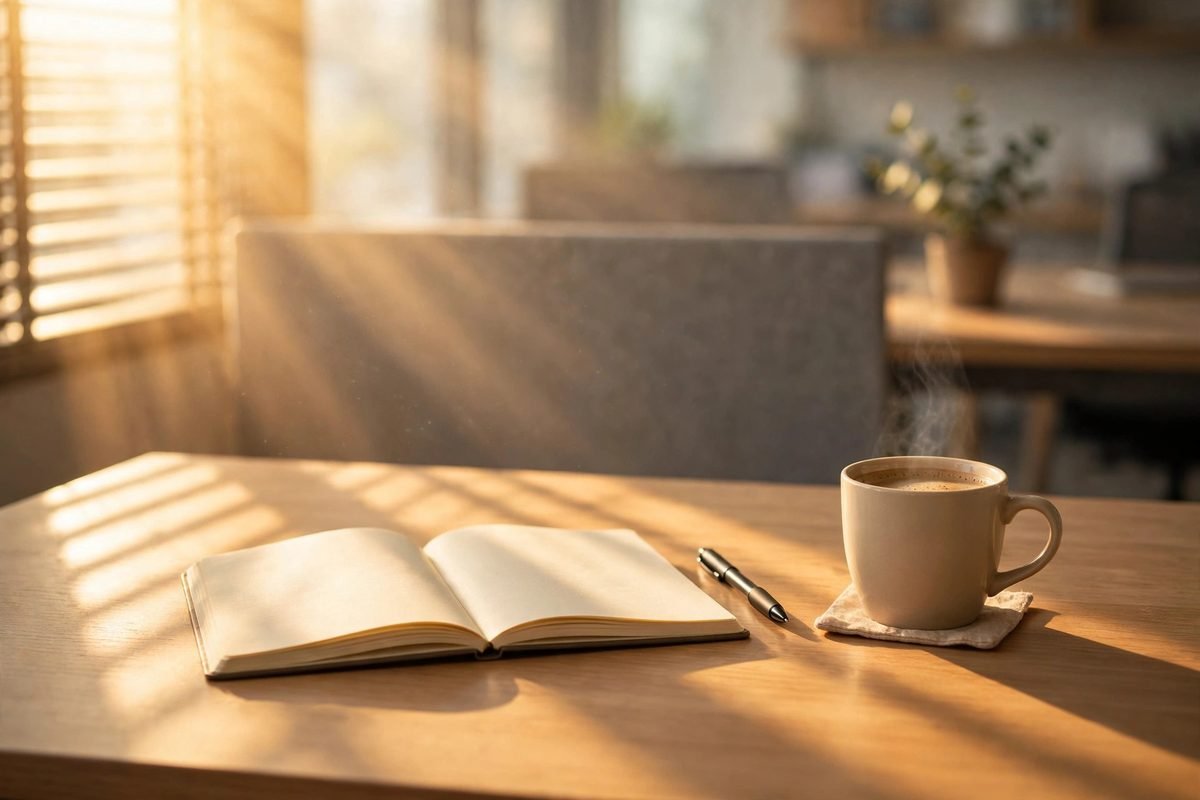 Morning light across an empty office desk with a notebook and coffee before the team arrives — workplace blessings for a new week