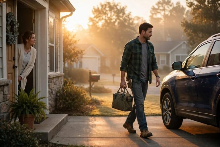 Husband leaving for work at sunrise as his wife prays — monday blessings for my husband