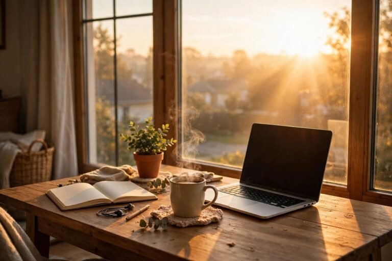Sunrise light over a peaceful home office desk with laptop and warm coffee — monday blessings for remote workers feeling lonely