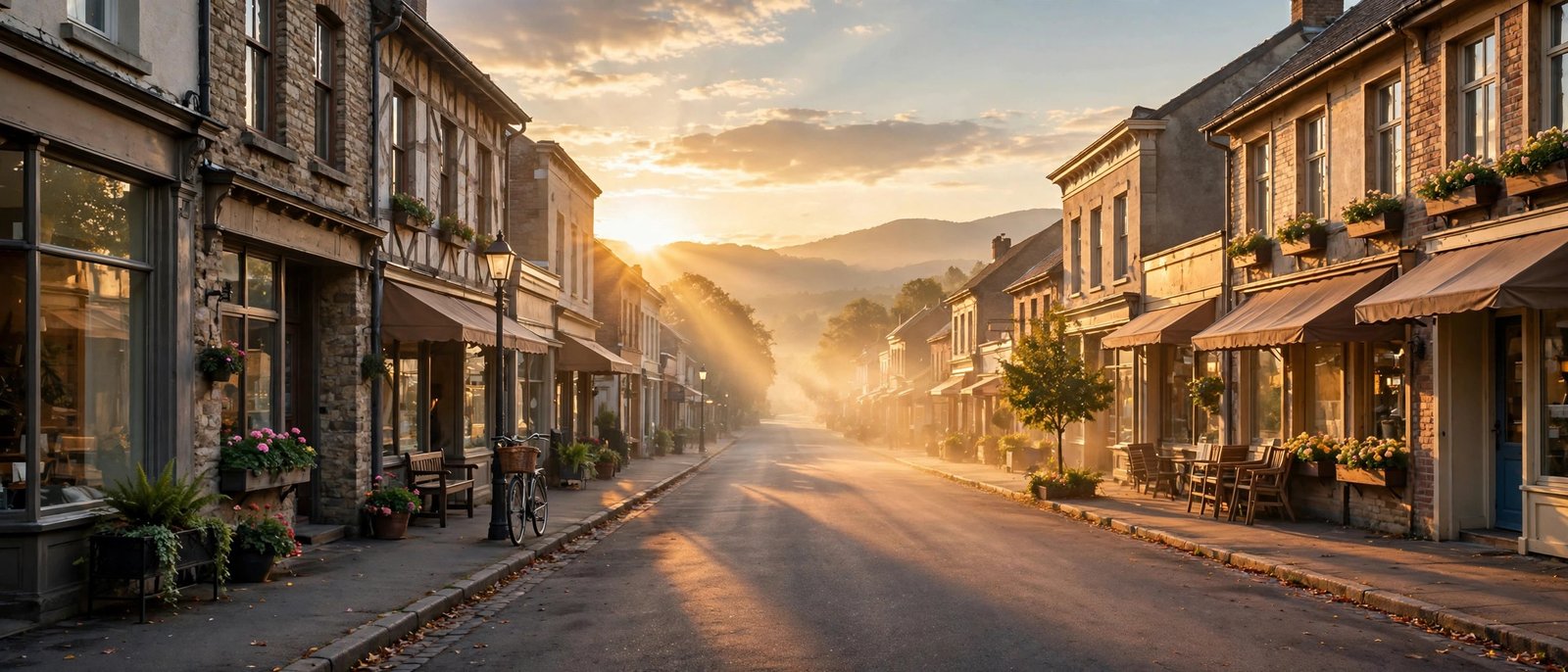Sunrise over a small-town main street — Monday blessings for small business owners