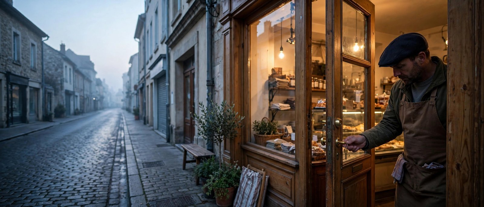 Shop owner opening the store at dawn — Monday blessings for small business owners