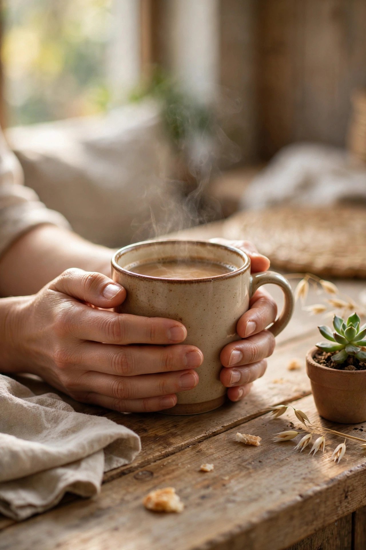 Coffee on a wooden counter in morning light — Monday blessings for small business owners