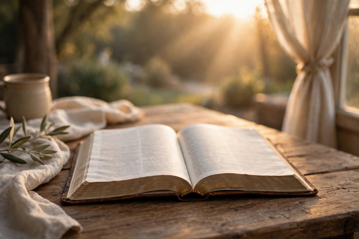 Open Bible glowing in warm sunrise light, a faith-filled Monday blessings image