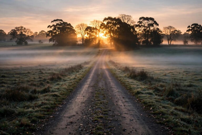 Sunrise over a misty country road — Monday blessings for healing