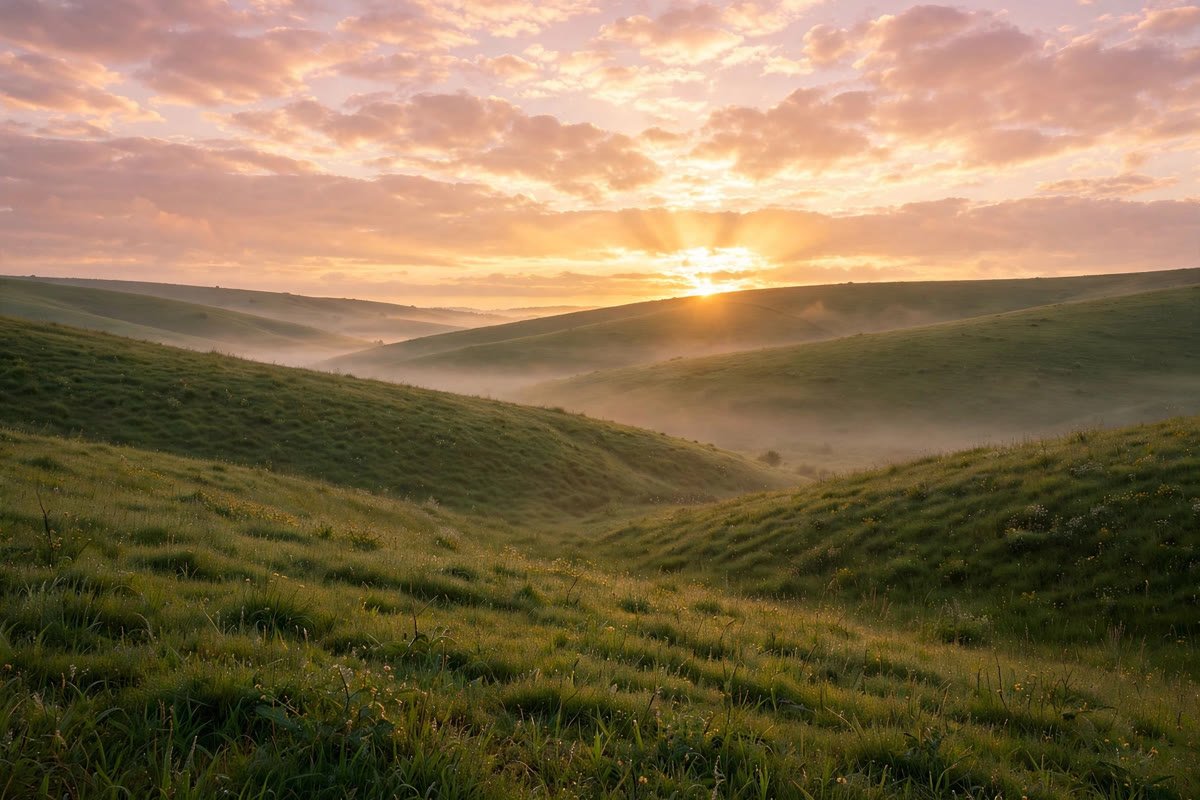Golden sunrise over rolling hills, a beautiful Monday blessings image for a hopeful new week