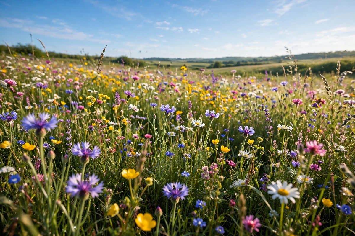 Wildflower meadow under a bright blue Monday morning sky