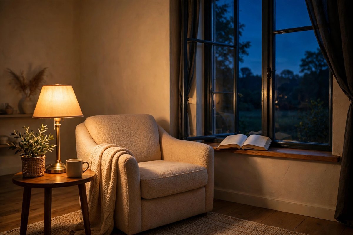Quiet living room at night with warm lamplight after a long Monday — monday night blessings