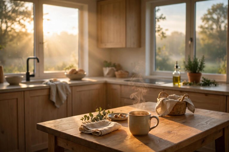 Soft sunrise light in a quiet kitchen — Monday prayers for caregivers who feel tired