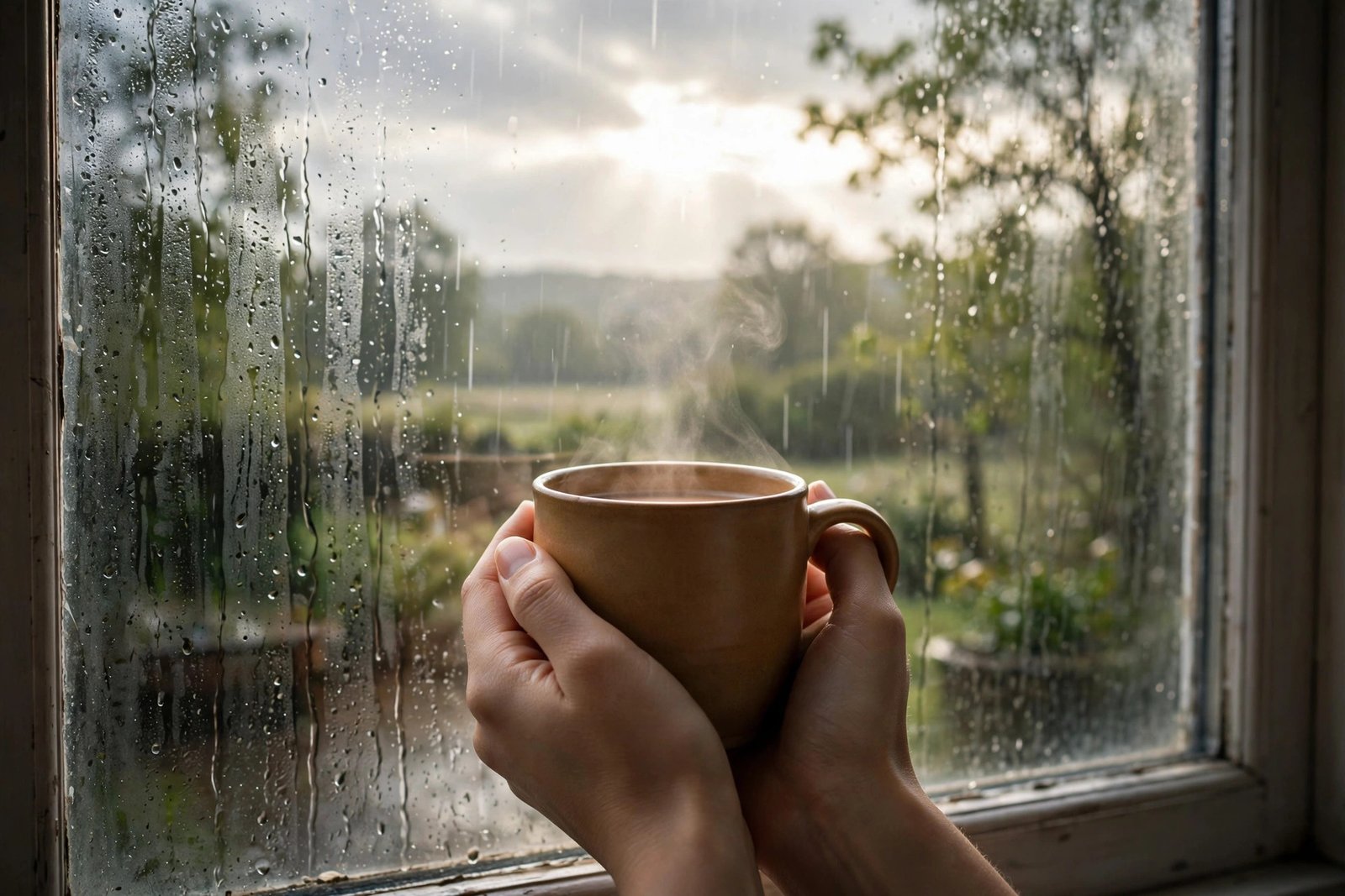 Hands holding a warm mug by a rainy window — Monday prayers for caregivers who feel tired