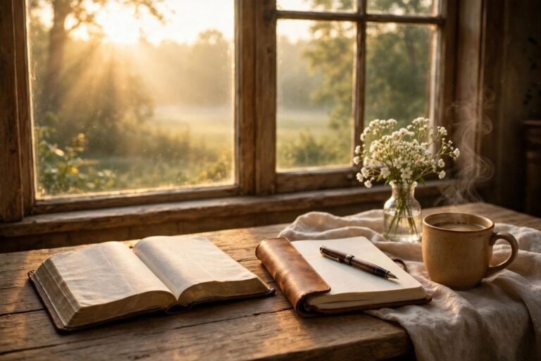 Open Bible and prayer journal on a wooden table at sunrise — morning prayers to start the day with peace