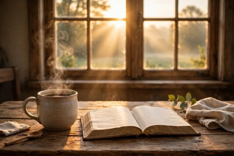 short morning prayers at sunrise with coffee and an open Bible